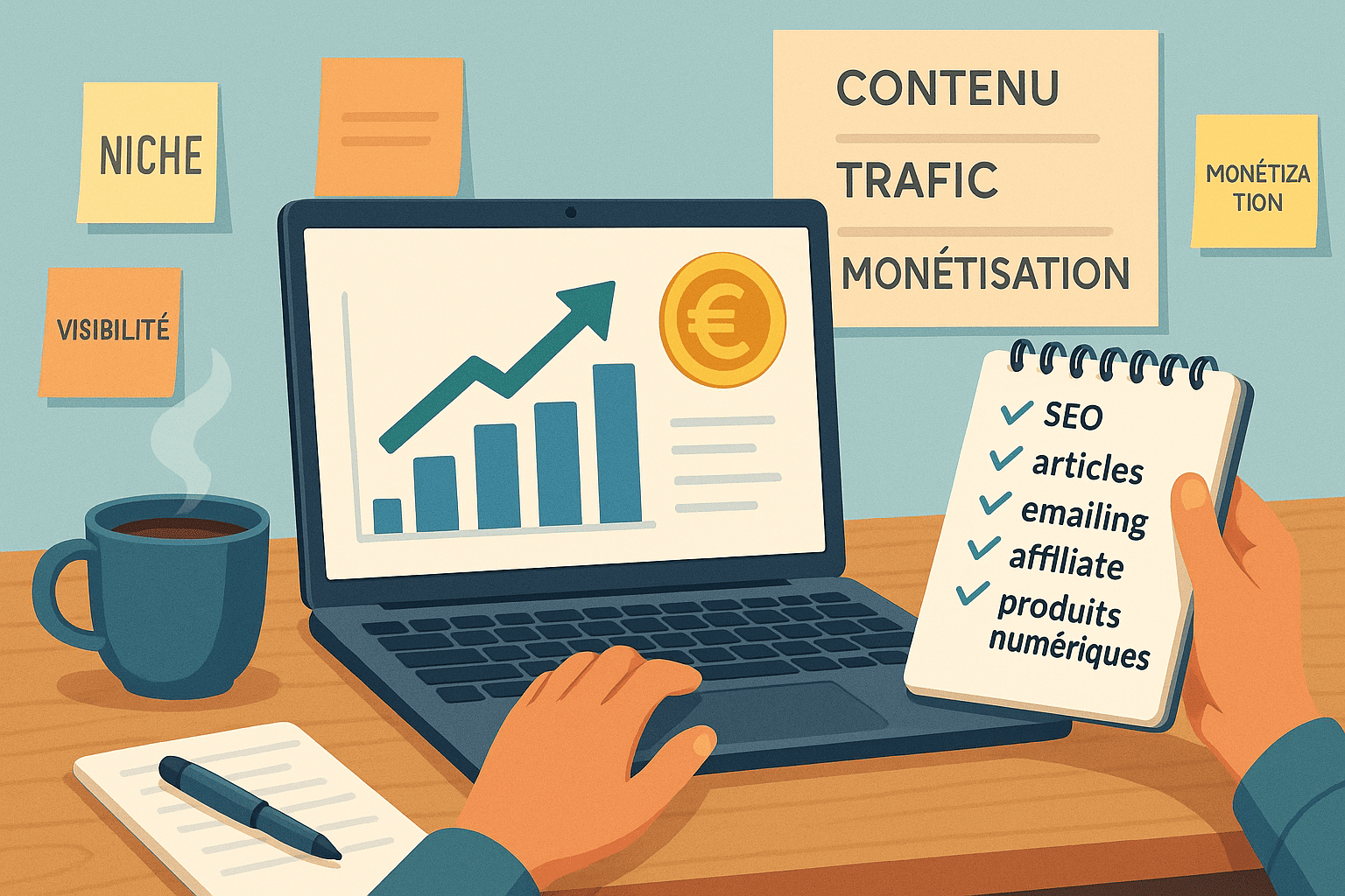 Bureau de blogueur avec ordinateur affichant des revenus en hausse, carnet de checklist et post-its SEO